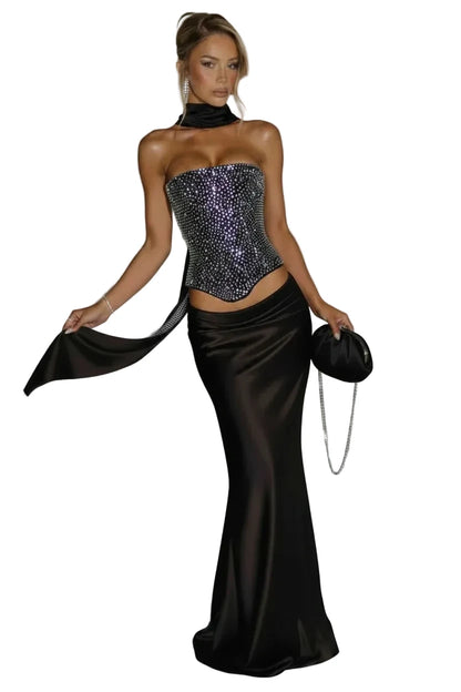 🍒Sequins top and skirt set womens shiny scarf collar with sparkly bodice top with lace up back and satin maxi skirt with fish tail elegant occasion wear club party skirt matching set