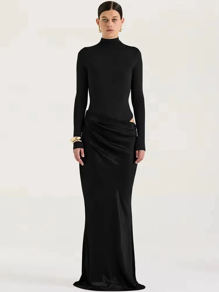 🍒Mixed media outfit satin one shoulder maxi dress brown sleeveless evening dress for  Summer slim elegant party clubwear Look SMOOTH In CHOCOLATE
