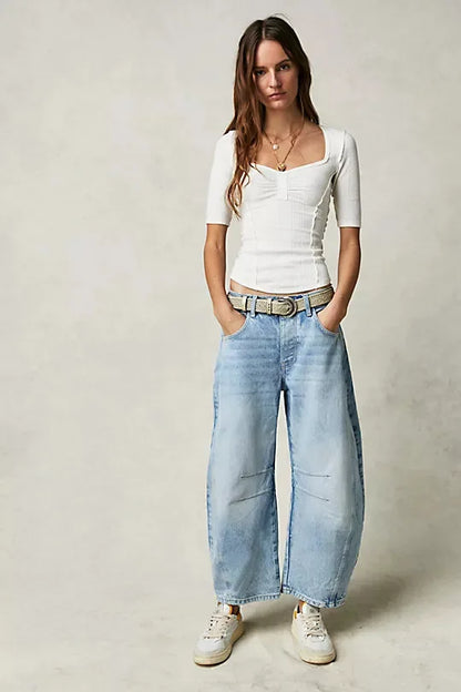 🍒Los middellyf Jeans gebleikte denimstyl vol lengte broeke mode soliede kleur broeke met sakke gemaklike drag vir vroue Barrels Of Style