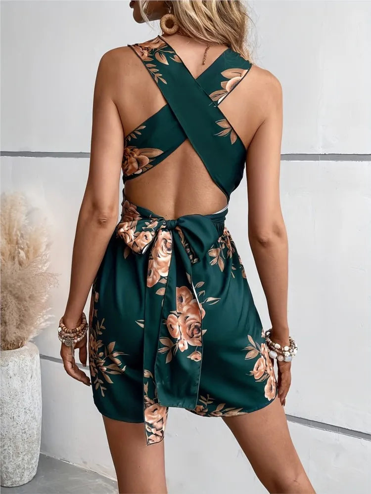 🍒 Gedrukte speelpakkie vir vroue, kruisrug-jumpsuit, veelkleurige somermode, V-nek-uitrustings, los partytjiedrag, klubdrag Xstrodinary Florals