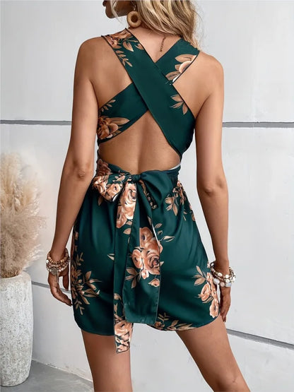 🍒 Gedrukte speelpakkie vir vroue, kruisrug-jumpsuit, veelkleurige somermode, V-nek-uitrustings, los partytjiedrag, klubdrag Xstrodinary Florals