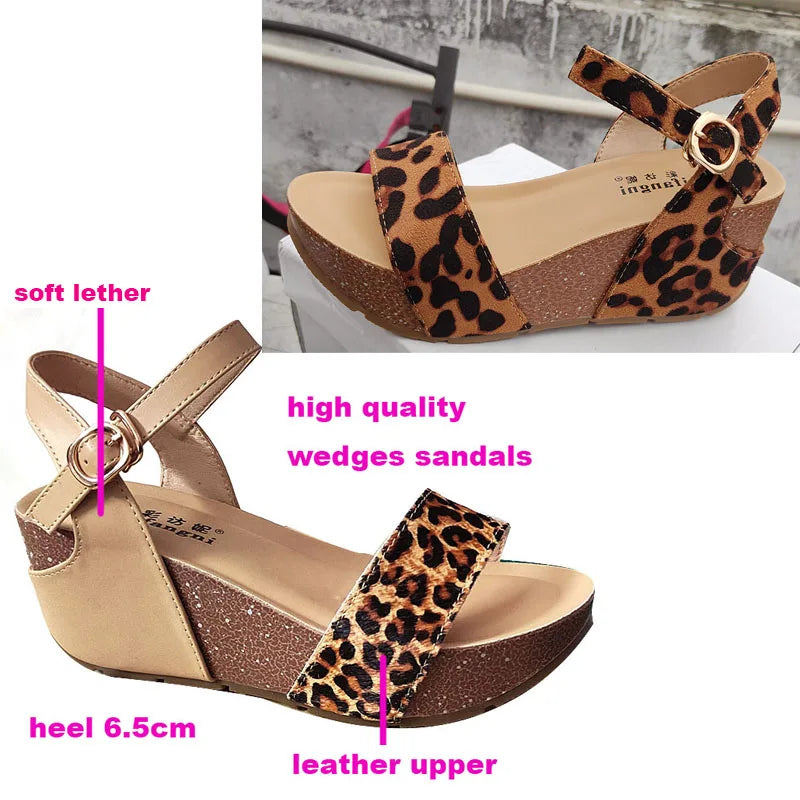 🍒Leopard wedge sandals Platform wedge shoes ankle strap peep toe high foot wear smart casual footwear women  jump on  leopord platform