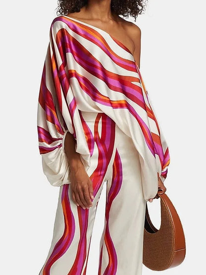 🍒Two piece set lantern sleevelu satin bouse top and wide leg pant suit off shoulder long sleeve set smart casual office wear women party occasion wear