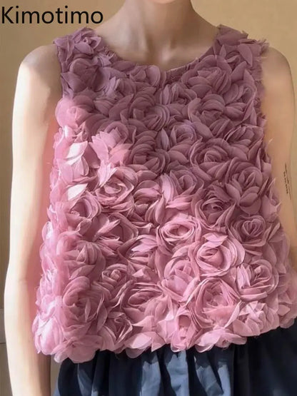 🍒Pers 3D roosblomme-vest-crop-top vir vroue somermode moulose-top-camisole buiteklere vroulike partytjie-geleentheidsklere