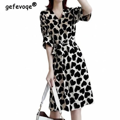 🍒Elegant love heart printied belt dresses summer short puff sleeve outfit v-neck midi dress black and white fashion wear women's clothing with three quarter sleeves You Will LOVE This HEART