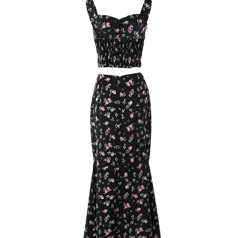 🍒Rompset vir vroue Twee-stuk uitrusting blomme-afdruk moulose top en a-lyn slank stert maxi-rompstel lang rompe Alles blomme Blomme vir almal