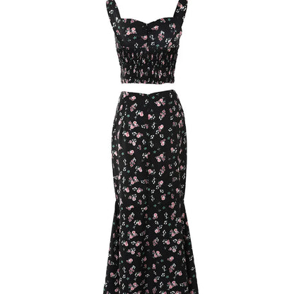 🍒Rompset vir vroue Twee-stuk uitrusting blomme-afdruk moulose top en a-lyn slank stert maxi-rompstel lang rompe Alles blomme Blomme vir almal