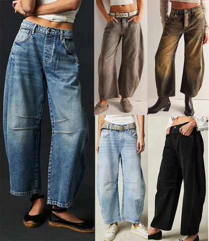 🍒Los middellyf Jeans gebleikte denimstyl vol lengte broeke mode soliede kleur broeke met sakke gemaklike drag vir vroue Barrels Of Style