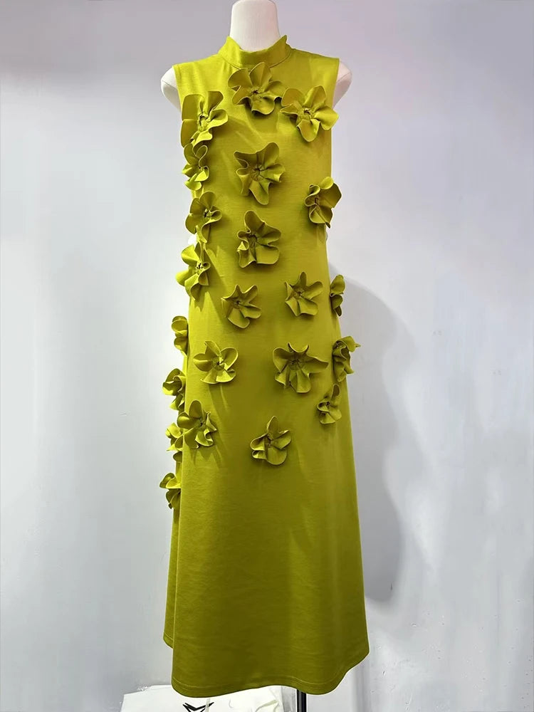 🍒Female evening dress 3D flower dress women sleeveless stand collar outfit maxi a-line occasion wear party wear fashion Always Have A-line Of Appliques In Your Armoire