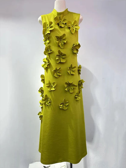 🍒Female evening dress 3D flower dress women sleeveless stand collar outfit maxi a-line occasion wear party wear fashion Always Have A-line Of Appliques In Your Armoire