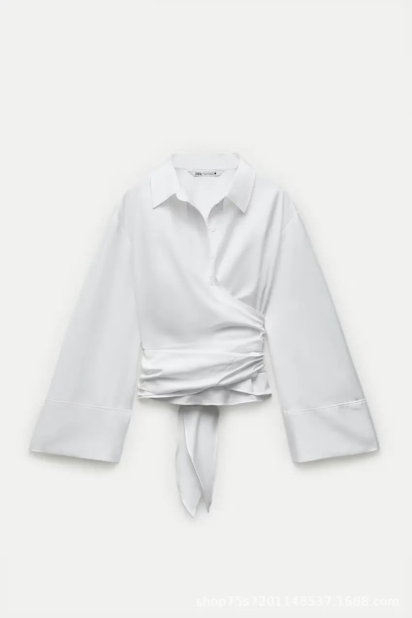 🍒Long sleeve shirt jacket women's tie top with wide sleeves female fashion clothing basic solid shirt smart casual blouse  Picture Yourself In This Pastel