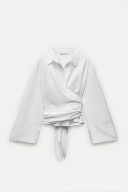 🍒Long sleeve shirt jacket women's tie top with wide sleeves female fashion clothing basic solid shirt smart casual blouse  Picture Yourself In This Pastel