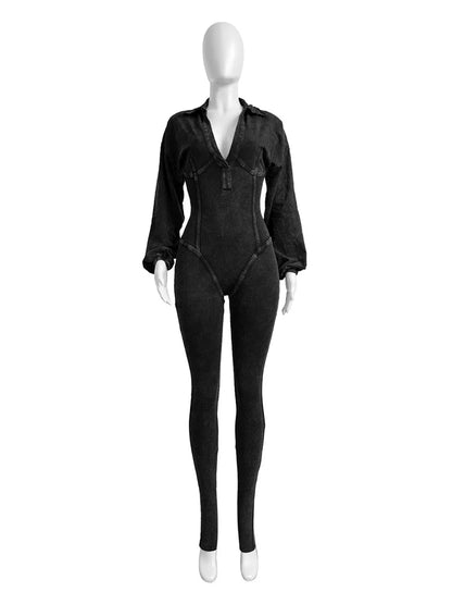 🍒Distressed Jumpsuit v-neck  solid ribbed skinny one piece long sleeve casual autumn trendy outfits simple activity streetwear Look Optimistcally Colouful In Distress