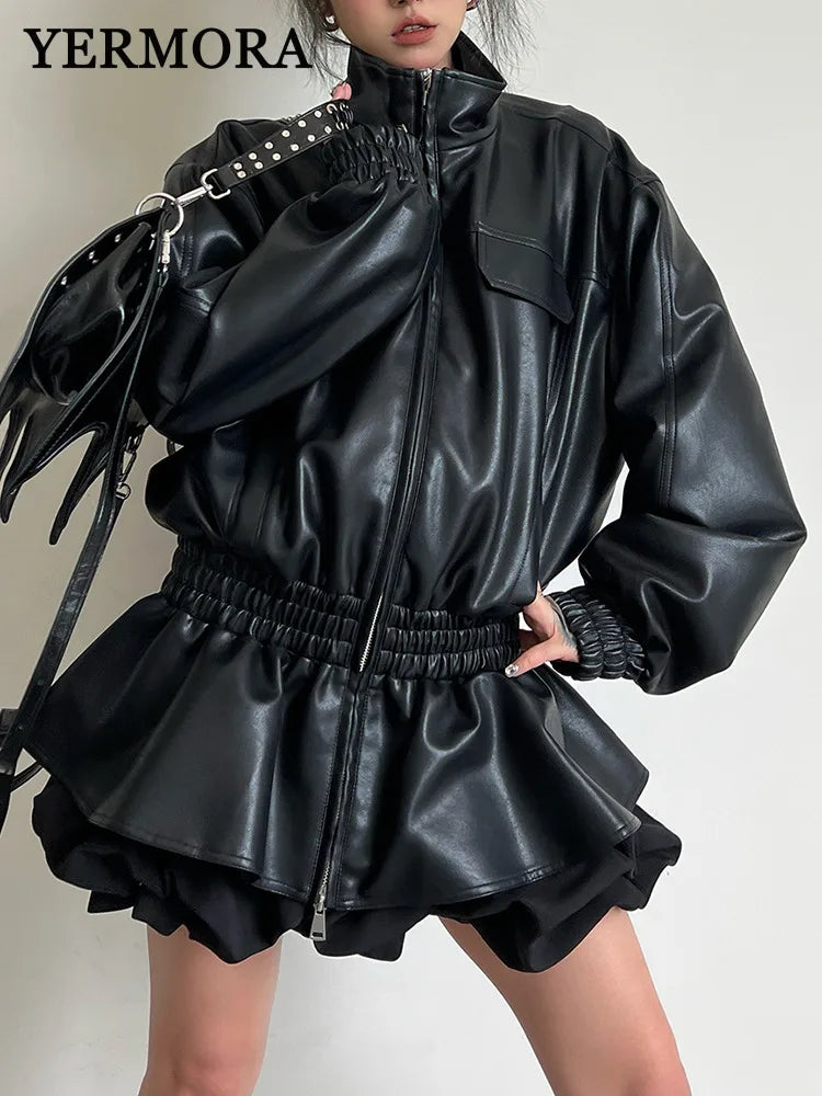 🍒Black pu leather jacket elastic waist ruffle hem coat with elasticated waist for women long sleeve loose fit fashion autumn spring female smart casual outerwear EXPAND Your look with This ELASTICATED waist