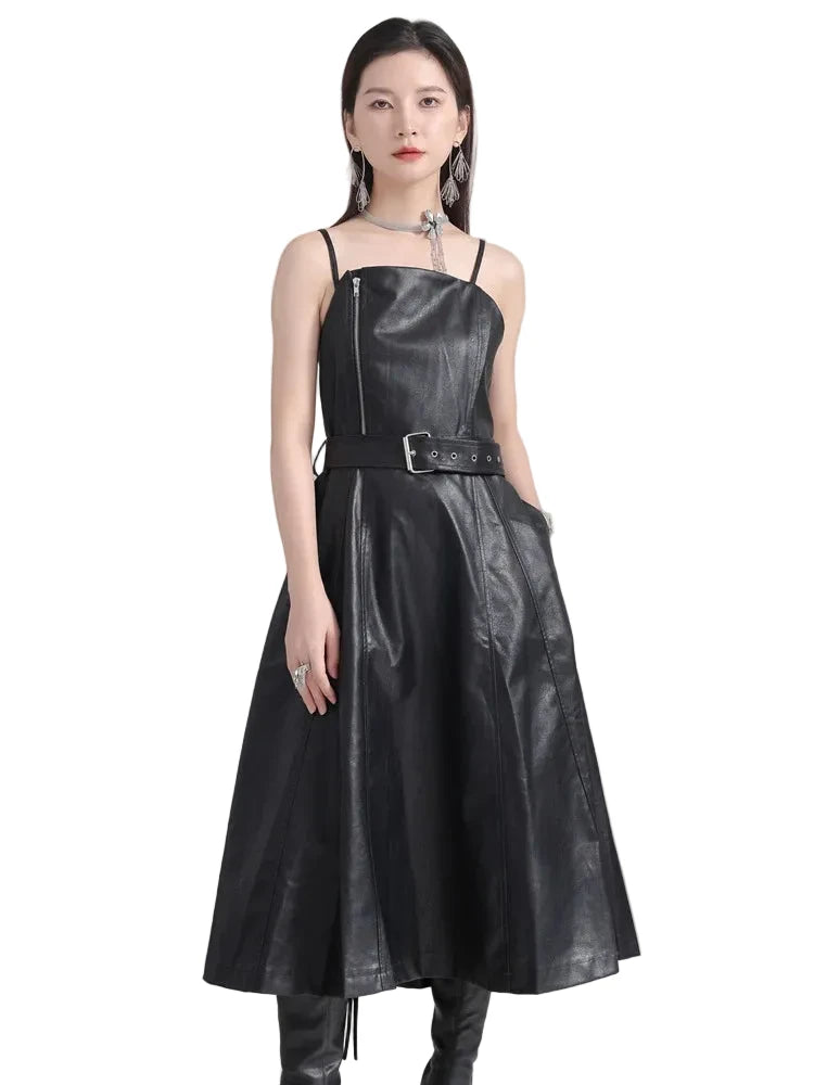 🍒Black faux leather dress spaghetti strap pu outfit with zip front sleeveless belted midi a-line dress party occasion wear sleeveless wear for women Like A Biker