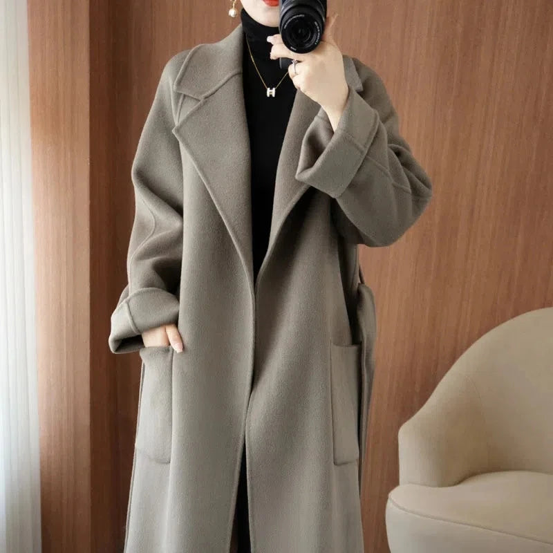 🍒100% wool coat for women autumn/winter fashion double sided cashmere coat with belt elegant long overcoat smart casual outerwear Warmup In Wool