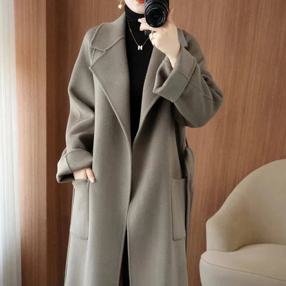 🍒100% wool coat for women autumn/winter fashion double sided cashmere coat with belt elegant long overcoat smart casual outerwear Warmup In Wool