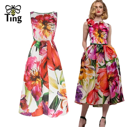 🍒Designer fashion dress floral print clothing vintage a line party wear outfit for women birthday dinner retro runway occasion wear  make ARRANGEMENTs for these FLOWERs