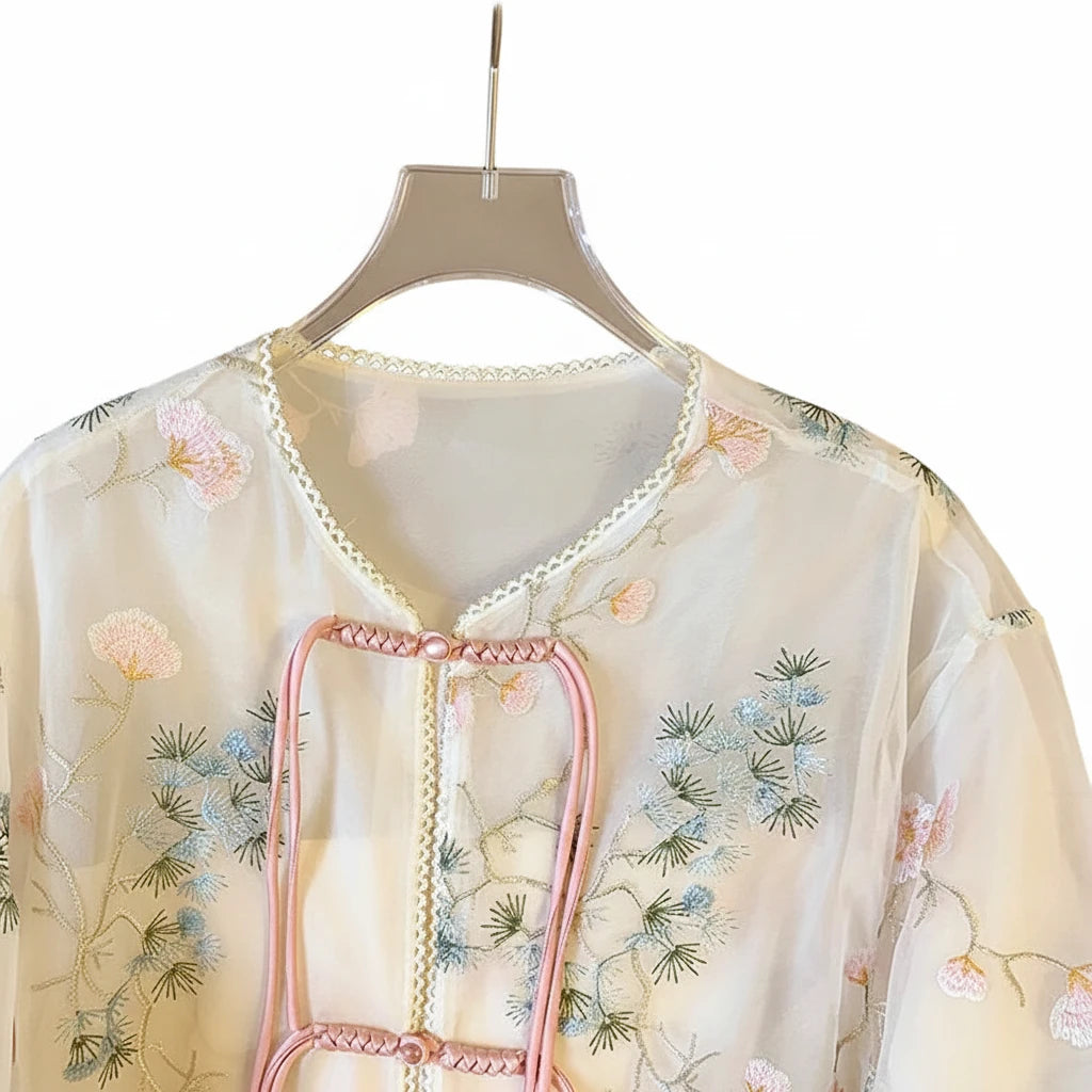 🍒Shirt jacket for women Light outer for women chinese style jacket chiffon embroidery Jacquard tie light cover up sunscreen cardigan Summer beach coverup for occasion and casual coverup See Through The Day