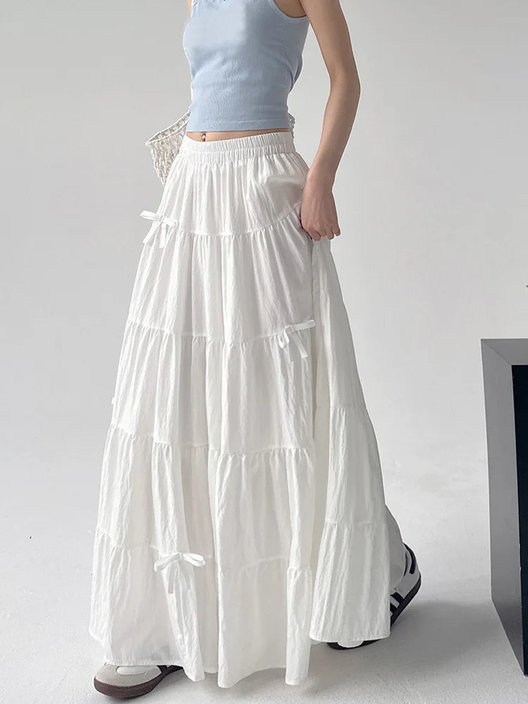 🍒Bow skirts high waist a-line women summer wear vintage loose feminine fashion wears preppy style white chic long skirt