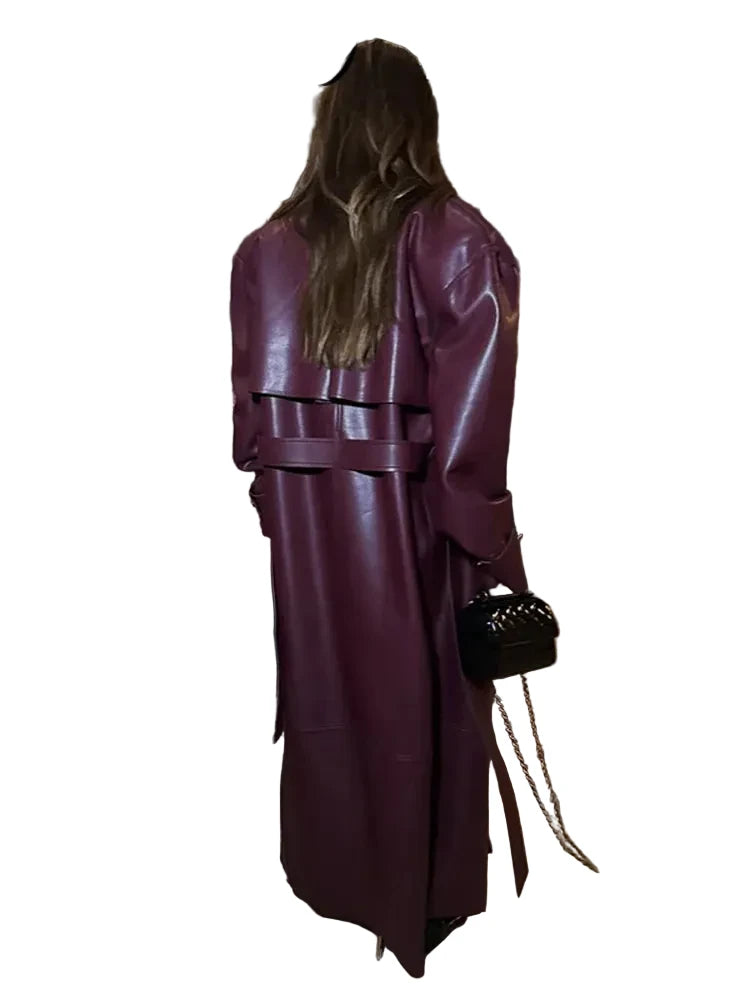 🍒faux leather women coat with lapel long Y2K solid belt and pocket long sleeve pu trench fall winter outwear female Faux Fans Fast Forward