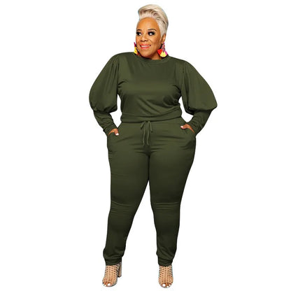 🍒Plus size sets for women two piece pant suit sport style puff sleeve clothing women solid colour long sleeve top and pant fitted two piece sets smart casual clothing L-4XL Sport A Puff