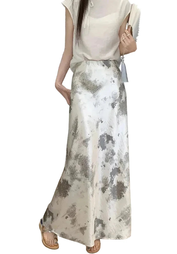 🍒Elastic satin skirt with high waist slimming mid-length floral print high-end feel fish tail skirt shiny for women Slip On A Silky Slippy