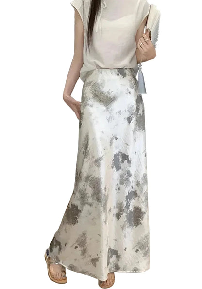 🍒Elastic satin skirt with high waist slimming mid-length floral print high-end feel fish tail skirt shiny for women Slip On A Silky Slippy