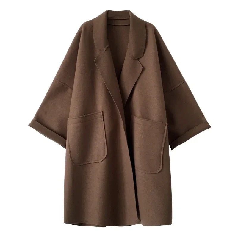 🍒Winterwol-trenchcoat vir vroue - middel-tot-lang los en veelsydige eenvoudige modestyl oorgroot jas baadjie slim gemaklike buiteklere vroue Sak 'n koel Baadjie