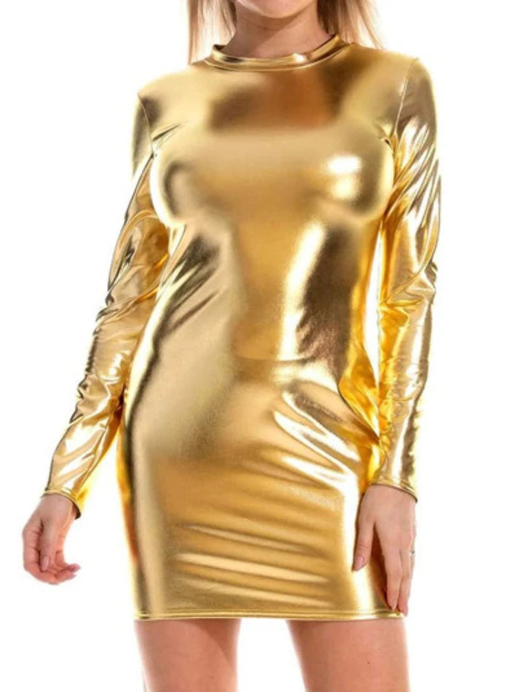 🍒Faux leather bodycon dress fitted solid colour shiny pu patent  outfit shiny slim long sleeves solid colour fitted skinny club party occasion wear Future Fave