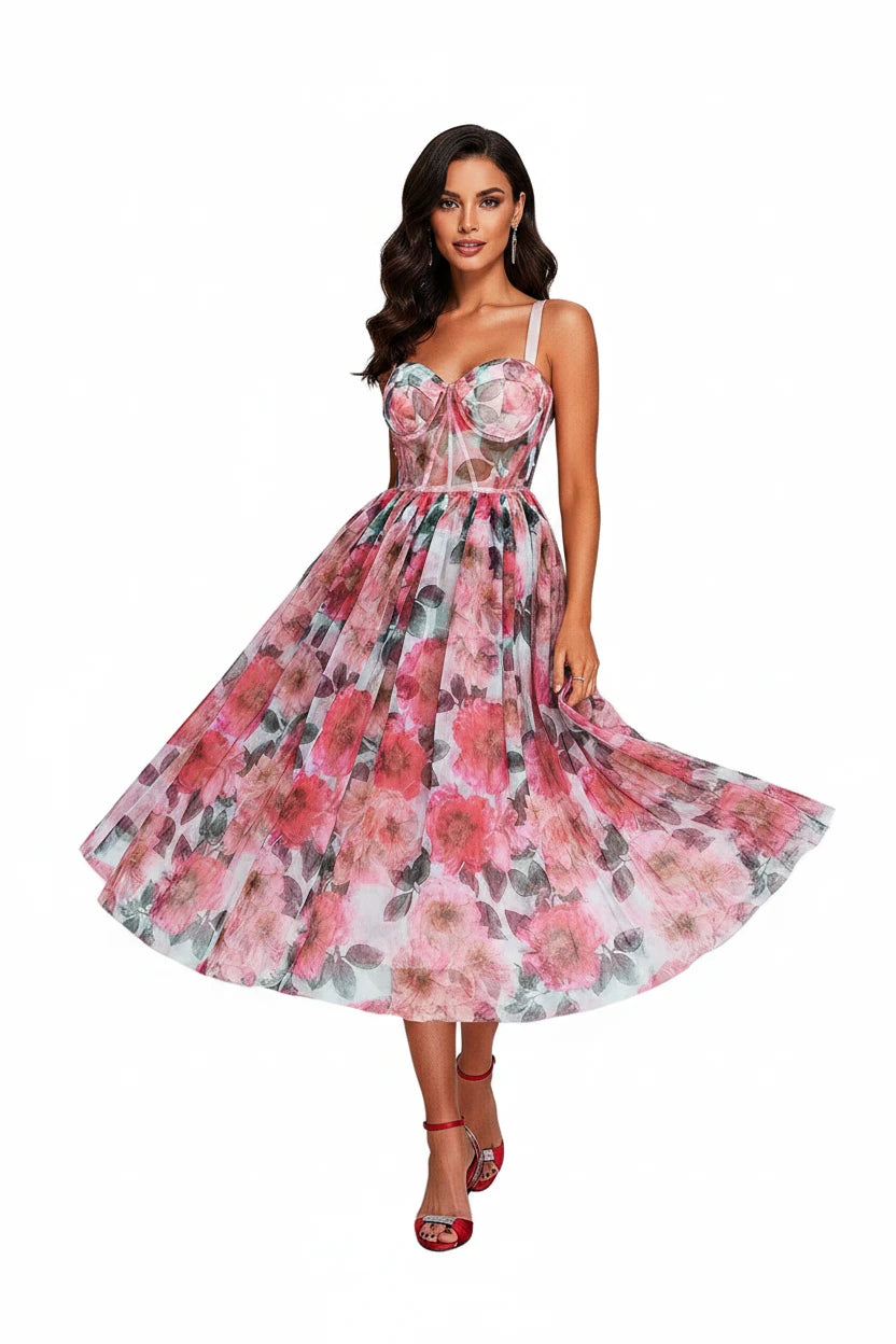 🍒High waist party dress with bodice and full skirt elegant floral print for summer fashion  sleeveless a-line dress off shoulder outfit women Fun Floaty Floral