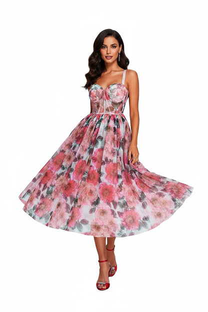 🍒High waist party dress with bodice and full skirt elegant floral print for summer fashion  sleeveless a-line dress off shoulder outfit women Fun Floaty Floral