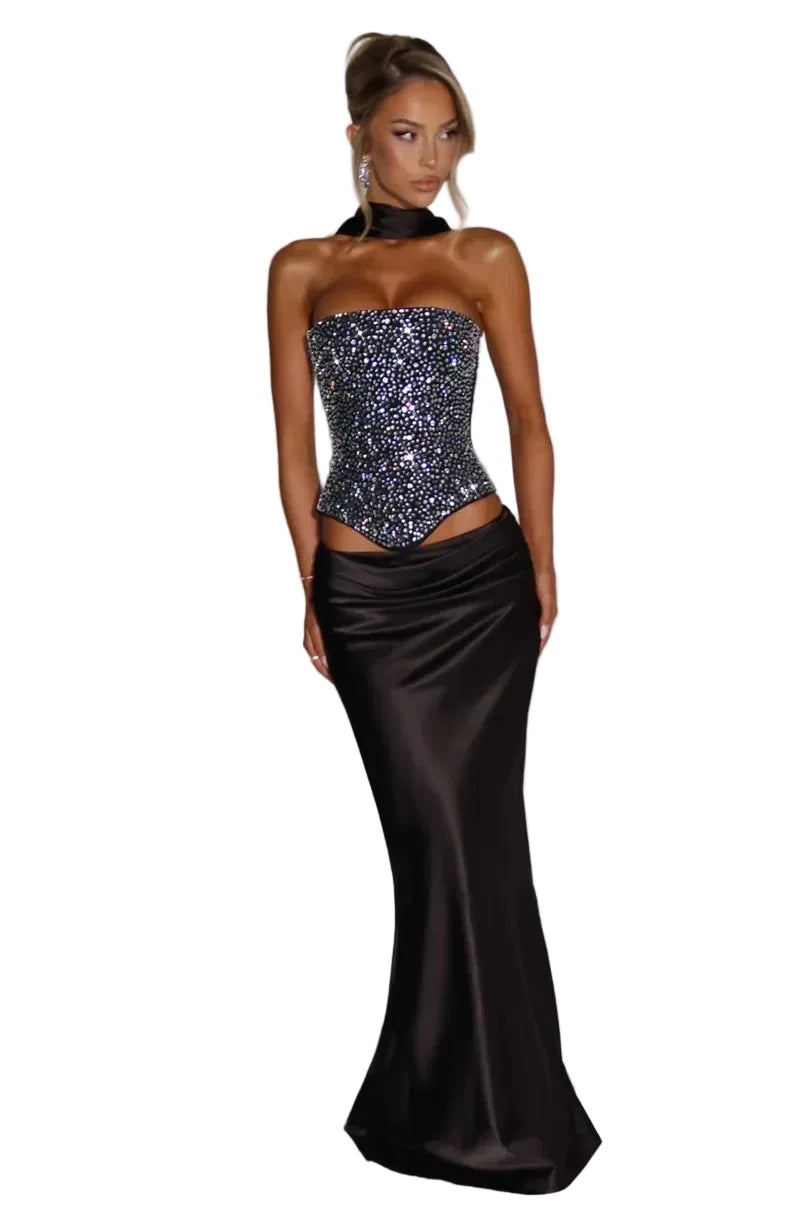 🍒Sequins top and skirt set womens shiny scarf collar with sparkly bodice top with lace up back and satin maxi skirt with fish tail elegant occasion wear club party skirt matching set