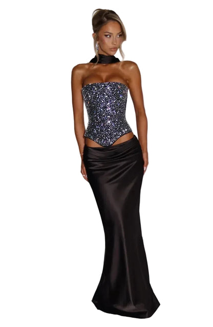 🍒Sequins top and skirt set womens shiny scarf collar with sparkly bodice top with lace up back and satin maxi skirt with fish tail elegant occasion wear club party skirt matching set
