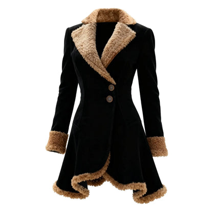 🍒Faux sheep skin jacket fitted waist loose fashion lapel coat female faux fur long coat versitile long sleeve outerwear Slim Sheep Skin