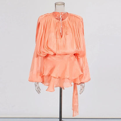 🍒Soliede dasnekrok met hoë middellyf en ruffle vir vroue, langmou mini-partytjieklere, klubdrag, geleentheidsklere, vroulike mode, Swier In Ruffles