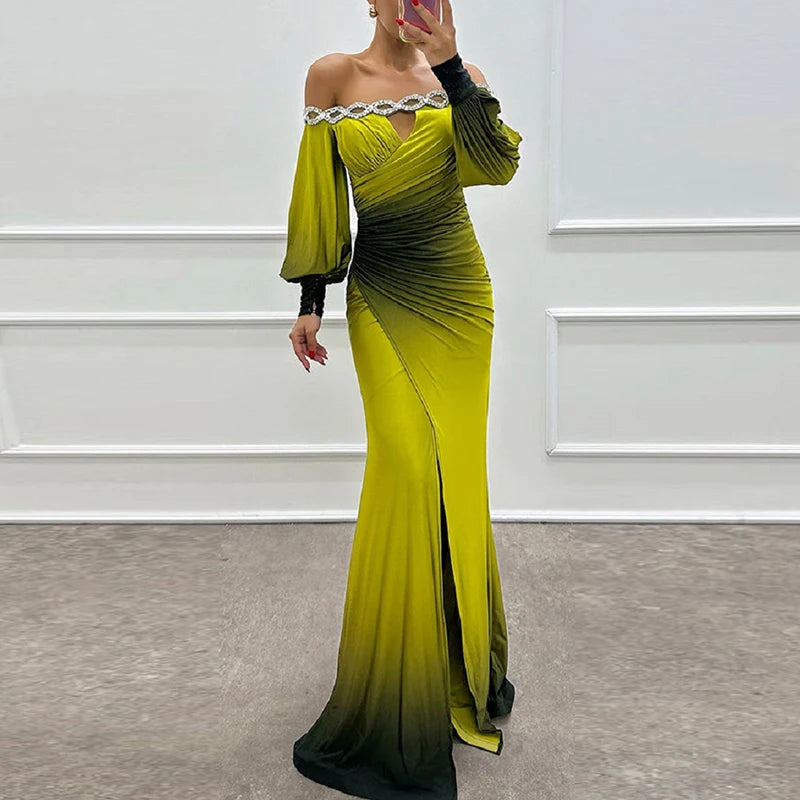 🍒Contrast colour dress high waist ruched long dress outfit Off shoulder puff sleeve party wear womens evening gown occasion wear