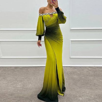 🍒Contrast colour dress high waist ruched long dress outfit Off shoulder puff sleeve party wear womens evening gown occasion wear