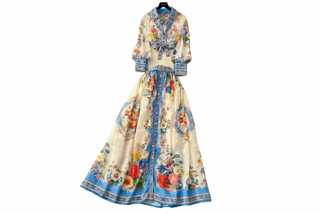🍒Floral 2 piece skirt set women smart casual summer outfit fashion crop tops floral blouse long sleeve plus a-line long skirt beach outfits Peachy Passion