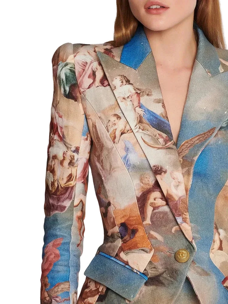 🍒Womens vintage printed blazer long sleeve button Jacket plus cross lace-up mini slim skirts sets evening wear clothing cherub classic print suit occasion party wear CROSS out boring SUITs on your list and get CLASSIC