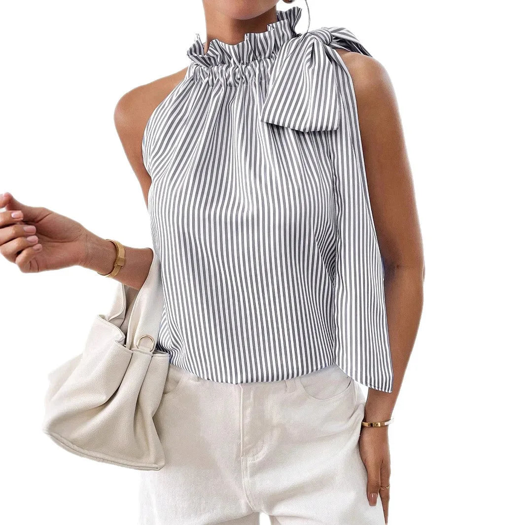 🍒Women shirts sleeveles sweet stripe blouse cute printed summer tops tie bow smart casual attire ladies