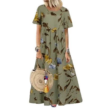 🍒Women's round neck short sleeve dress loose waist linen A-Linen out fit maxi length casual summer wear floral fashion Flattering Floral
