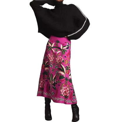 🍒Womens spring summer skirts floral midi vintage streetwear ladies elastic waist female fashion wear smart casual clothing Look Cool In Hot Pink
