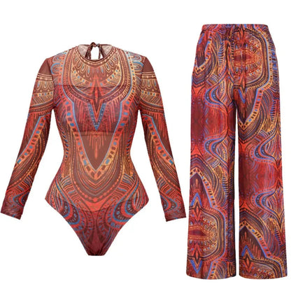🍒Two piece set swimwear pants and swimsuit for women summer bathing suit and wide leg trouser beach cover up swimming suit set beach wear party outfit Suited For Swimming