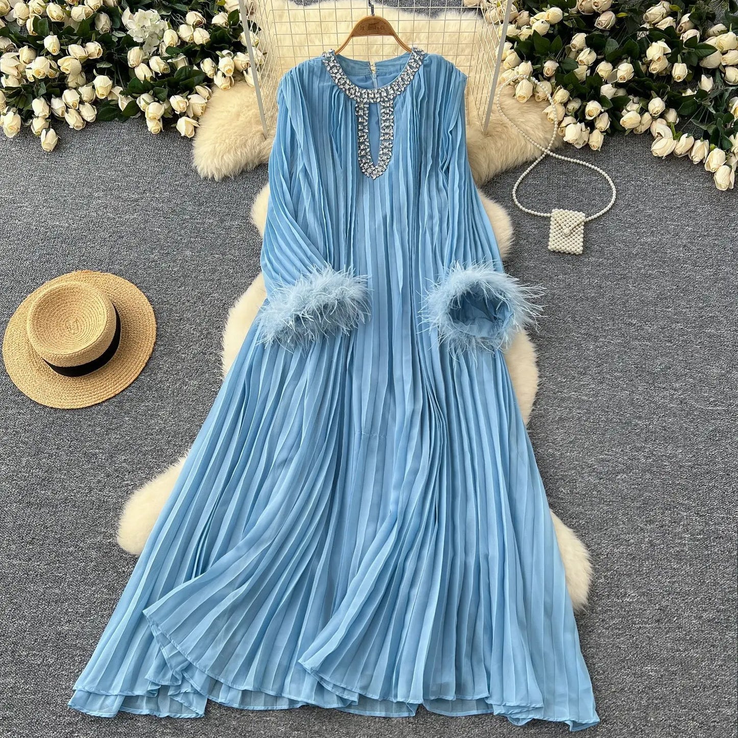 🍒Pleated long dress for women white maxi outfit wedding guest wear diamond and feather detail long sleeve elegant party occasion wear long sleeve club wear Look Diamond In Pleats