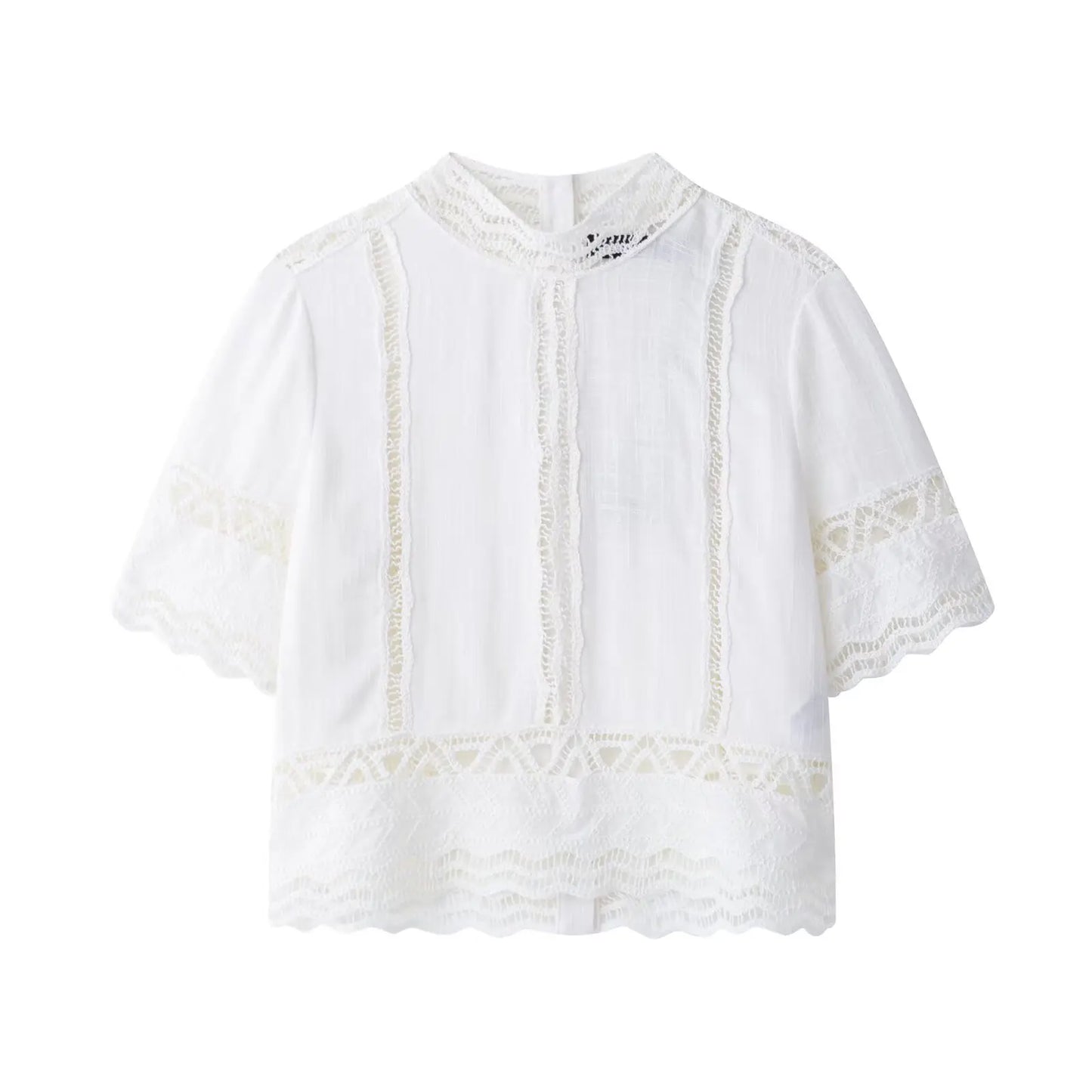 🍒Crochet top round neck design  short sleeve smart casual women  and matching white midi a- line skirt with side zipper suit The White Summer