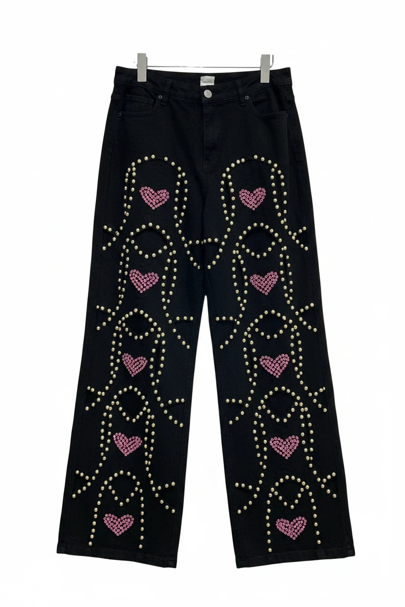 🍒Red diamond jeans embellished hollow heart Jeans for women loose wide leg denim trousers cool pants with rivets wHOLE HEARTedly made for you