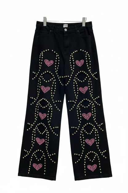 🍒Red diamond jeans embellished hollow heart Jeans for women loose wide leg denim trousers cool pants with rivets wHOLE HEARTedly made for you