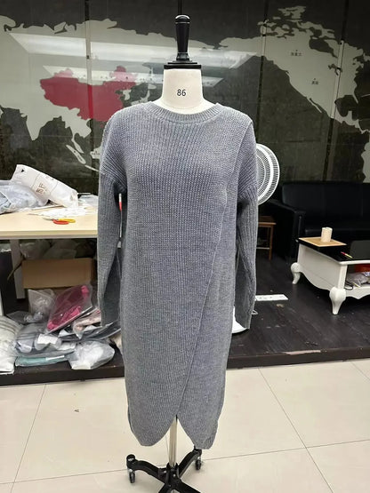 🍒Long knitted sweater women gray wool coat autumn winter  fashion warm maxi sweater dress Y2k fashion style No Spinning A Yarn This knit is Cool