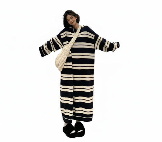 🍒Loose striped t-shirt dress long sleeve plus size midi dress casual black and white outfits for women fashion clothing   Secure Stripes